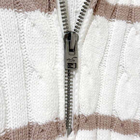Hollister Cable Knit Striped Half Quarter Zip Oversized Collared Sweater Tan M - Picture 5 of 10